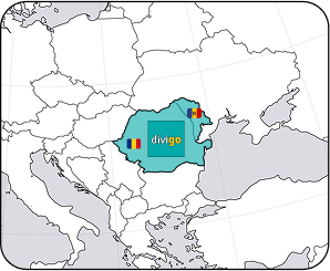 Harta Europei cu România evidențiată și logo-ul Divigo